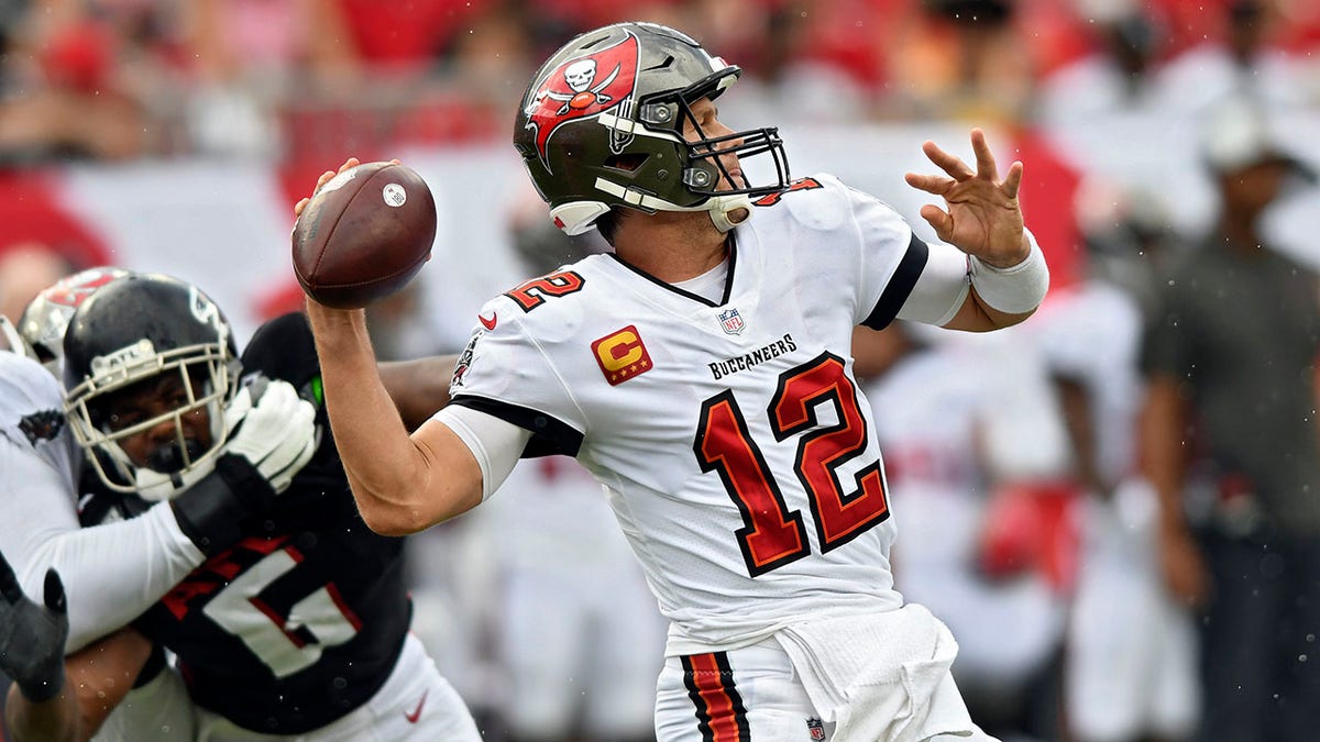 Tampa Bay Buccaneers quarterback Tom Brady (12) fires a pass against the Atlanta Falcons during the first half of an NFL football game Sunday, Sept. 19, 2021, in Tampa, Fla.