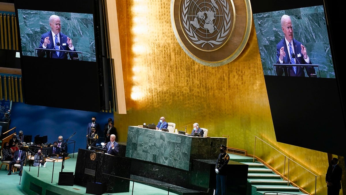 President Joe Biden delivers remarks to the 76th Session of the United Nations General Assembly on Tuesday in New York. (AP Photo/Evan Vucci)