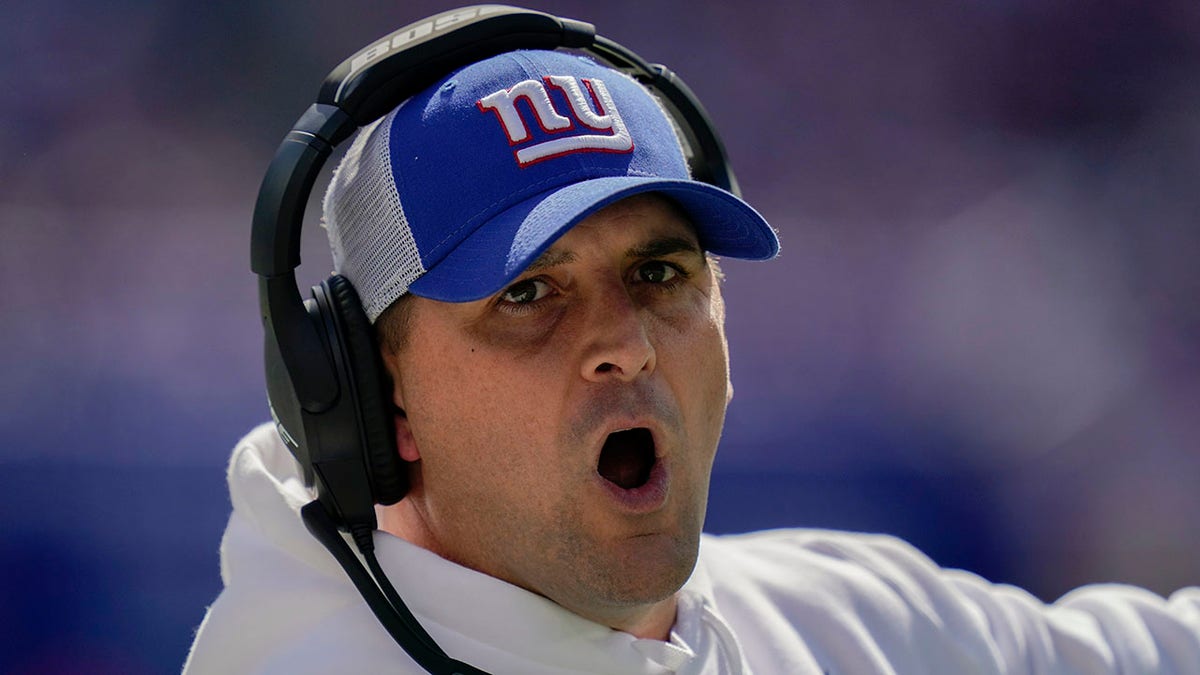 New York Giants head coach Joe Judge reacts on the sidelines during the first half of an NFL football game against the Atlanta Falcons, Sunday, Sept. 26, 2021, in East Rutherford, N.J.