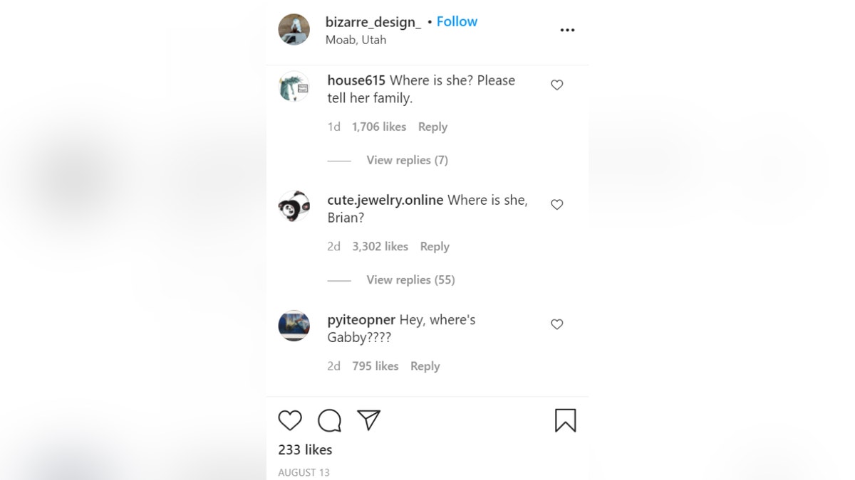 Brian Laundrie Instagram comments (Credit: Fox News screenshot)