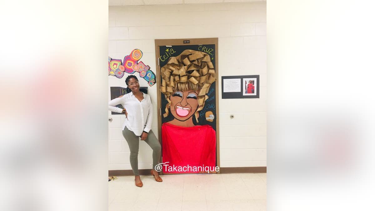 In 2019, Chanique Davis created a classroom door design after famous Cuban American Celia Cruz in honor of National Hispanic Heritage Month.