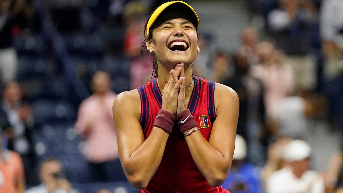 Emma Raducanu, of Great Britain, reacts after defeating Maria Sakkari, of Greece, during the semifinals of the US Open tennis championships, Thursday, Sept. 9, 2021, in New York. (AP Photo/Frank Franklin II)