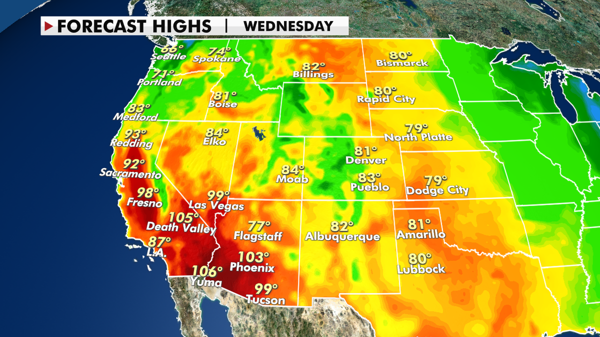 Forecast high temperatures across the West