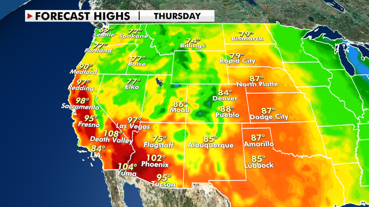 Forecast high temperatures across the U.S. West