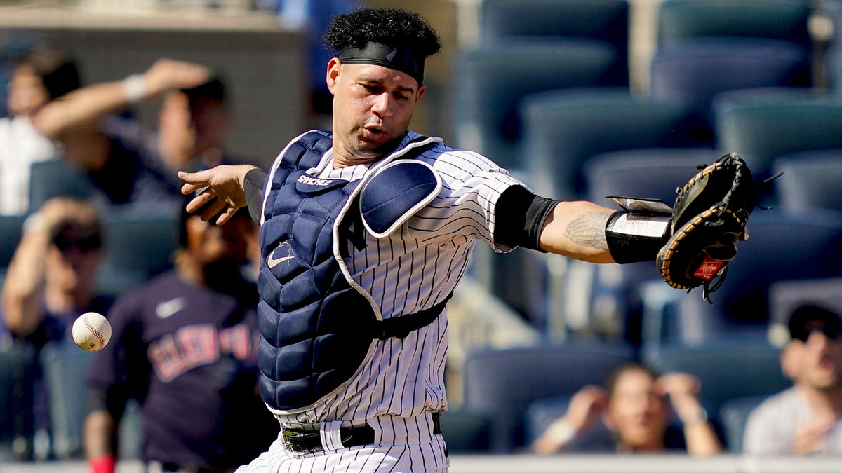 New York Yankees' Gary Sanchez misses a pop fly by Cleveland Indians' Oscar Mercado in the fifth inning of a baseball game, Saturday, Sept. 18, 2021, in New York. 