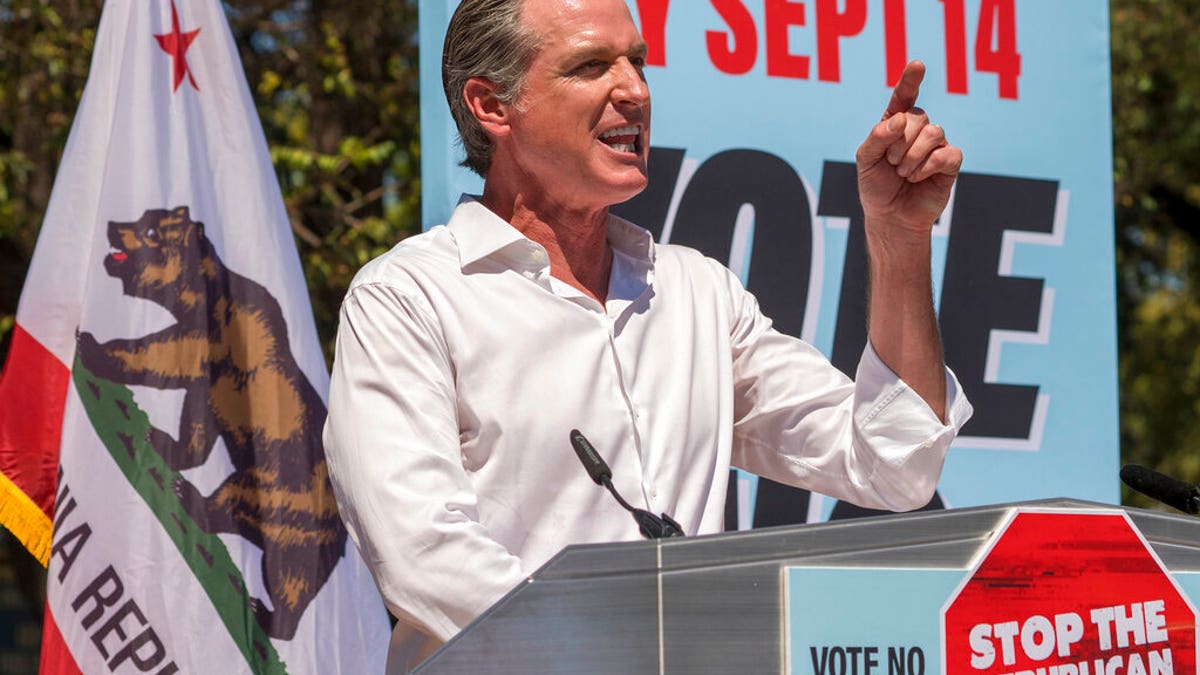 California Democratic Gov. Gavin Newsom campaigns against the California recall election at the Culver City High School in Culver City, Calif