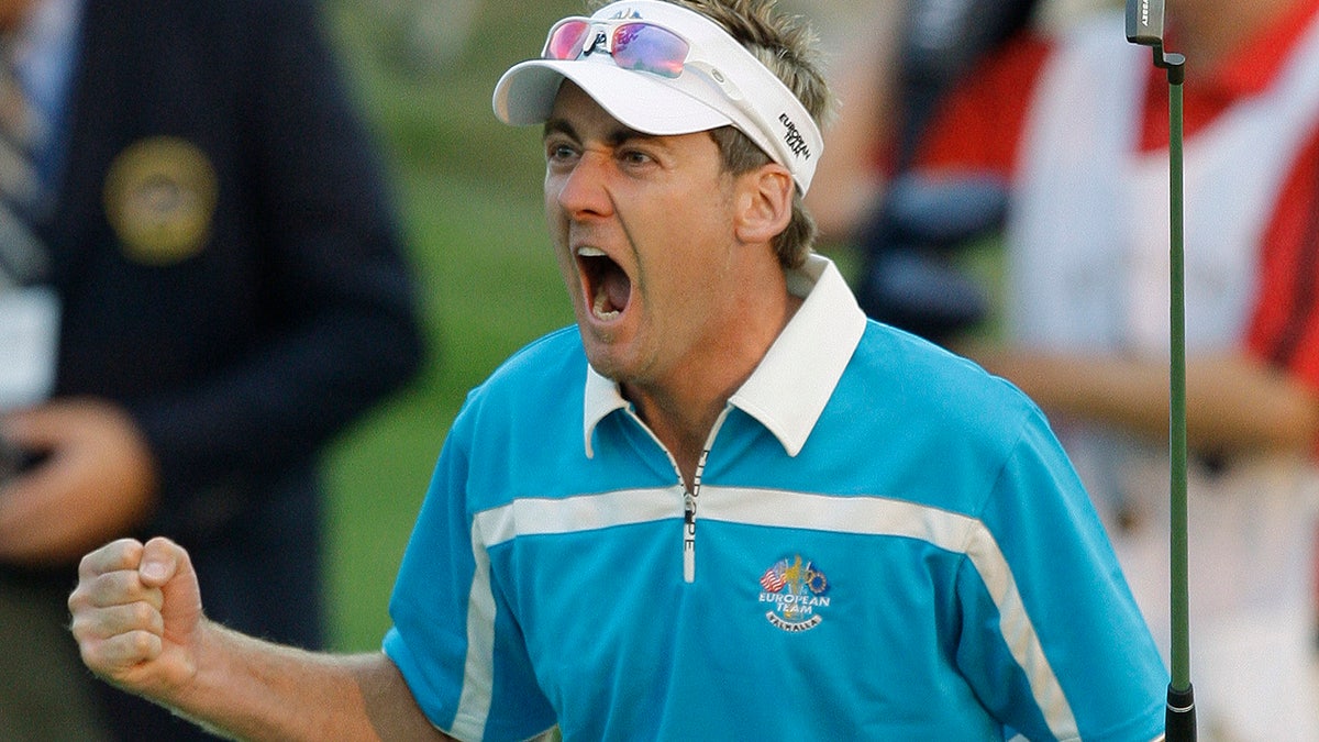 Europe's Ian Poulter reacts after his putt on the 18th hole during a four-ball match at the Ryder Cup golf tournament at the Valhalla Golf Club, in Louisville, Ky., in this Saturday, Sept. 20, 2008, file photo. 