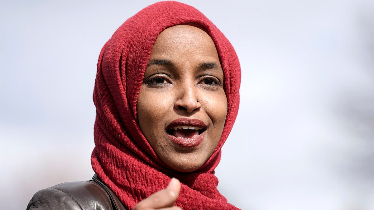In this April 20, 2021, file photo, Rep. Ilhan Omar, D-Minn., speaks in Brooklyn Center, Minnesota, during a news conference. 
