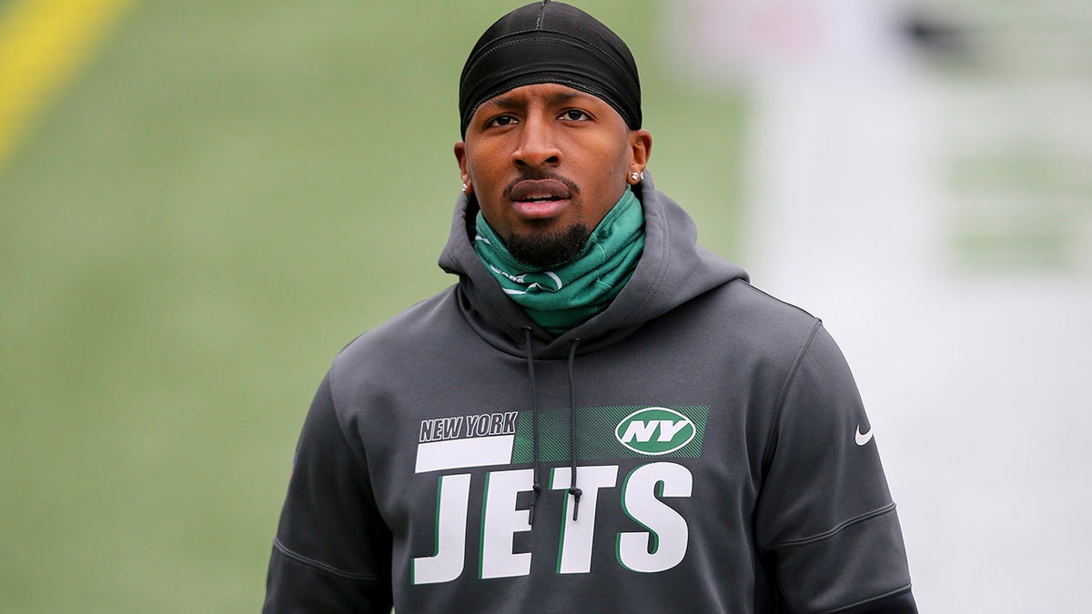 New York Jets wide receiver Jeff Smith prior to an NFL football game in Foxborough, Massachusetts, in this Sunday, Jan. 3, 2021, file photo. Smith is OK after being involved in a car accident Wednesday morning, Sept. 29, 2021.