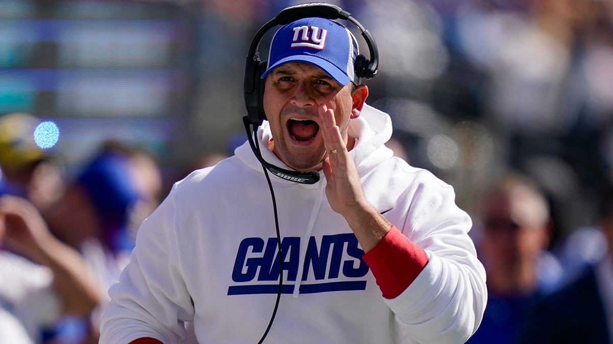 New York Giants head coach Joe Judge reacts on the sidelines during the first half of an NFL football game against the Atlanta Falcons, Sunday, Sept. 26, 2021, in East Rutherford, N.J.