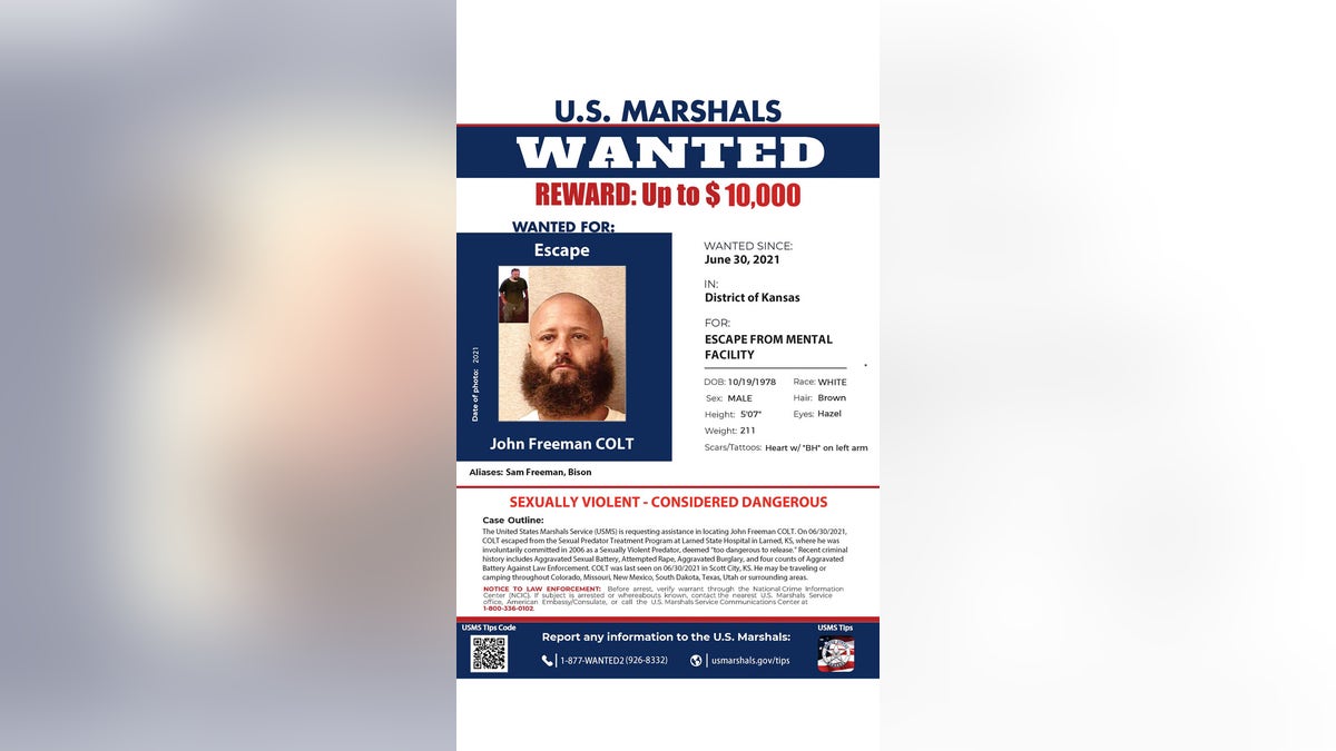 KANSAS CITY, Kan. — A dangerous sex offender who escaped from a state mental hospital in Kansas has been captured in Utah after being on the run since June, according to a law enforcement official. John Freeman Colt escaped from Larned State Hospital in June by obtaining a replica of a staff ID badge and uniform. He then shaved his long hair and beard, hid blankets under the covers to make it appear he was sleeping, and then convinced a new employee he was a doctor to make his way out.