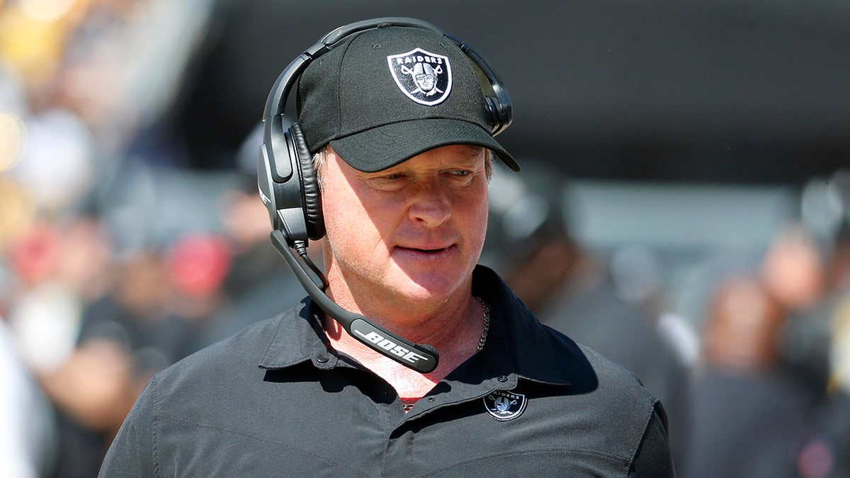 Head coach Jon Gruden of the Las Vegas Raiders looks on in the game against the Pittsburgh Steelers at Heinz Field on September 19, 2021 in Pittsburgh, Pennsylvania. 
