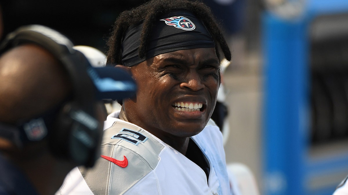 Sep 12, 2021; Nashville, Tennessee, USA; Tennessee Titans wide receiver Julio Jones (2) on the bench late in a loss against the Arizona Cardinals at Nissan Stadium. Mandatory Credit: Christopher Hanewinckel-USA TODAY Sports