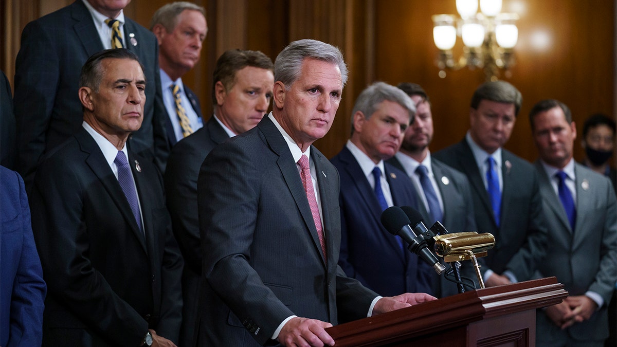 House Minority Leader Kevin McCarthy, R-Calif., and Republican members criticize President Joe Biden and House Speaker Nancy Pelosi on the close of the war in Afghanistan, during a news conference at the Capitol in Washington, Tuesday, Aug. 31, 2021. (AP Photo/J. Scott Applewhite)
