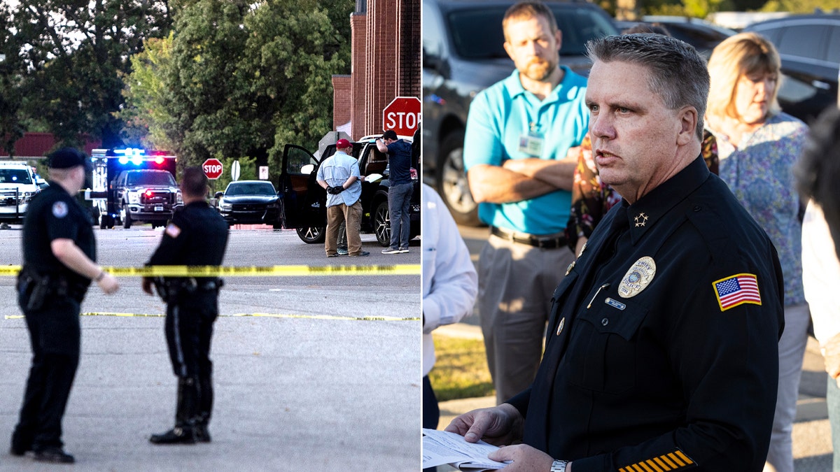 COLLIERVILLE, TN - SEPTEMBER 23: Collierville Police Chief Dale Lane, center, speaks with the media outside of a Kroger grocery store on September 23, 2021 in Collierville, Tennessee. The Kroger is where authorities said that a gunman had apparently killed himself after opening fire inside of the store and killing one person and injuring 12 others. (Photo by Brad Vest/Getty Images)