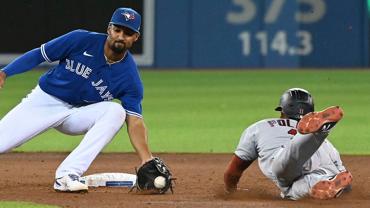 Minnesota Twins' Jorge Polanco is caught trying to steal second by Blue Jays' Marcus Semien on Sept. 17, 2021, in Toronto.