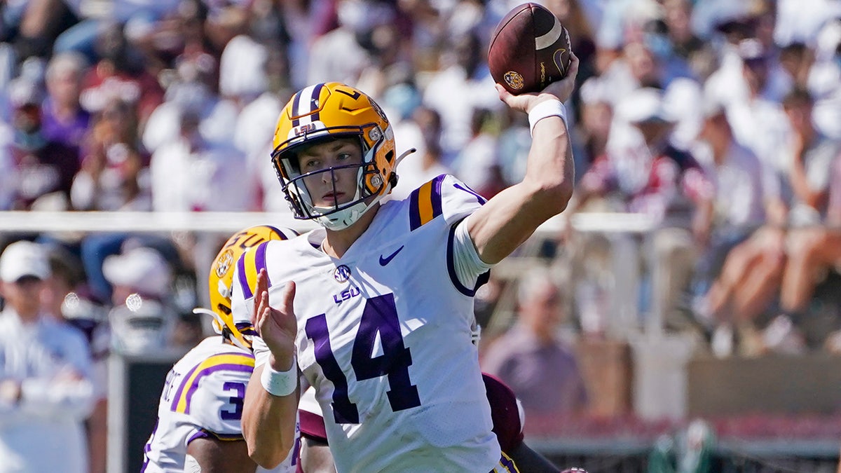 LSU quarterback Max Johnson (14) passes against Mississippi State during the first half of an NCAA college football game, Saturday, Sept. 25, 2021, in Starkville, Miss.