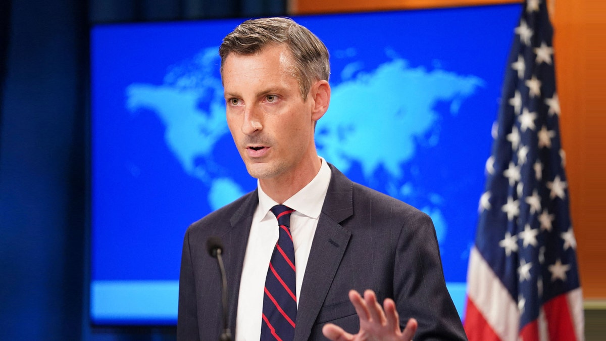 US State Department spokesman Ned Price holds a press briefing on Afghanistan at the State Department in Washington, DC, August 16, 2021. Price called U.S. talks with the Taliban "candid and professional" in a Sunday statement. (Photo by KEVIN LAMARQUE/POOL/AFP via Getty Images)