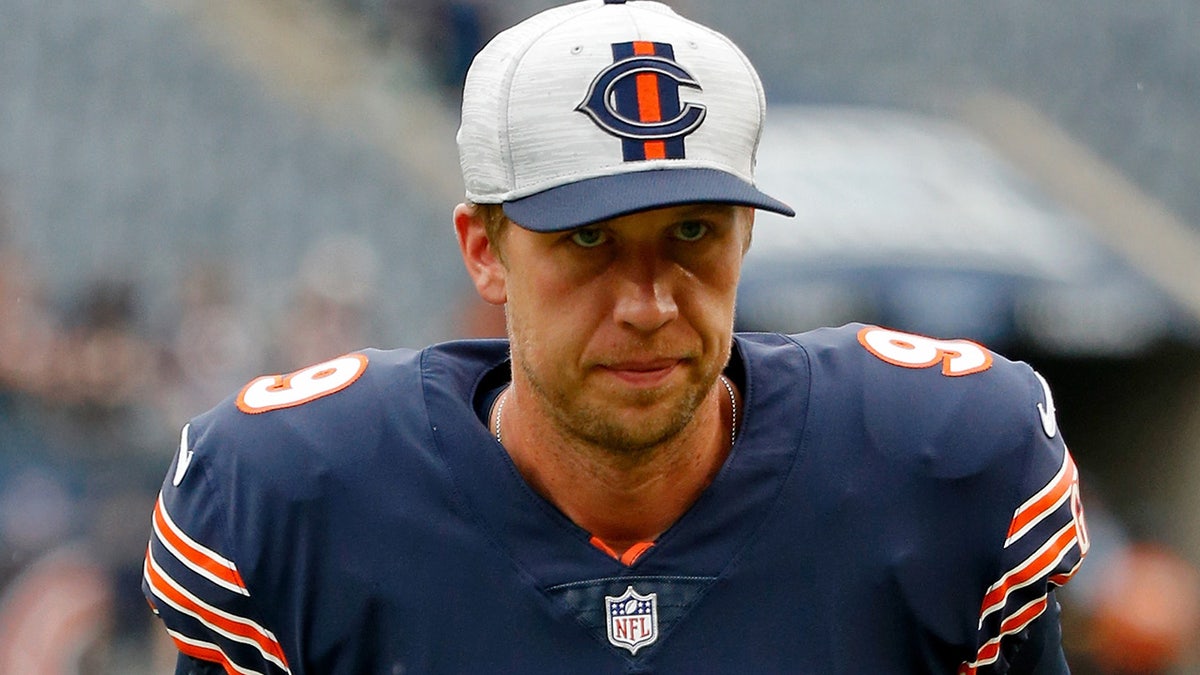Chicago Bears quarterback Nick Foles walks off the field after their game against the Buffalo Bills Aug 21, 2021, at Soldier Field in Chicago.