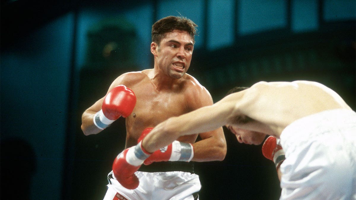 Oscar De La Hoya in a welterweight title fight on December 6, 1997