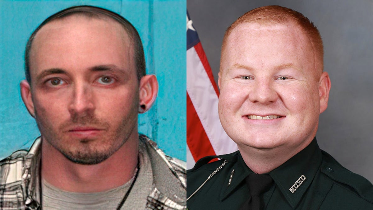 A Florida sheriff’s deputy died Sunday – two days after he was shot twice by a former Marine he had pulled over, authorities said. Nassau Deputy Joshua Moyers, 29, right, was shot in the face and back Friday morning and doctors had announced they didn’t expect him to survive his injuries. An extensive manhunt continued Monday for alleged gunman, Patrick McDowell, left, who is still on the loose and considered dangerous.