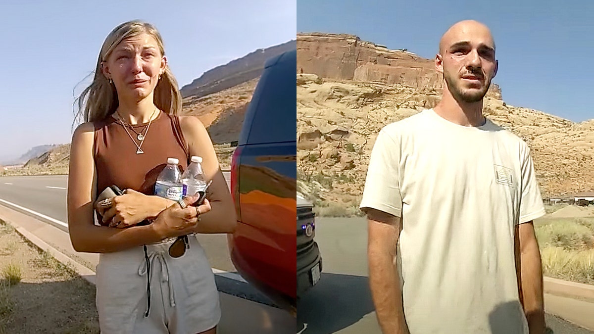 Gabby Petito, left, and Brian Laundrie are seen in bodycam footage released by the Moab City Police Department in Utah.