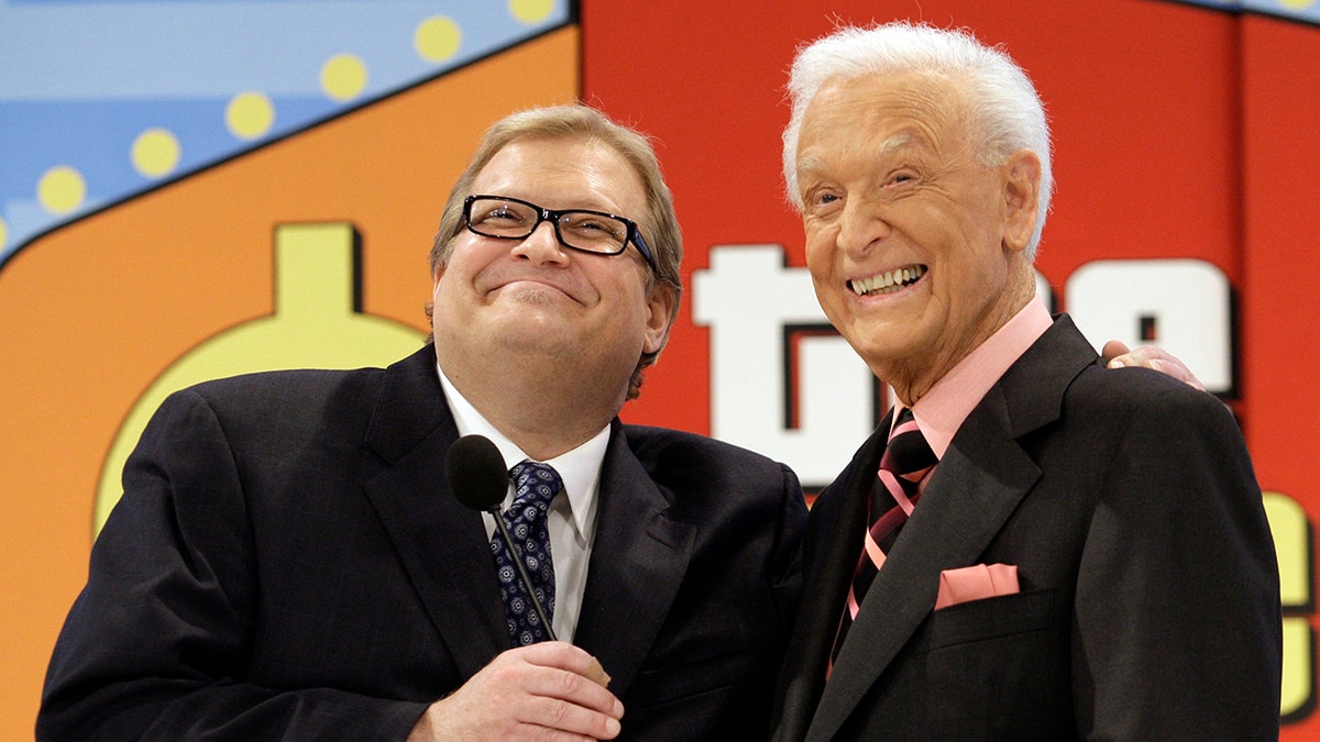 ‘The Price is Right’ show host, comedian Drew Carey, left, appears with longtime former host Bob Barker at the CBS Studio Center in Los Angeles on March 25, 2009. 