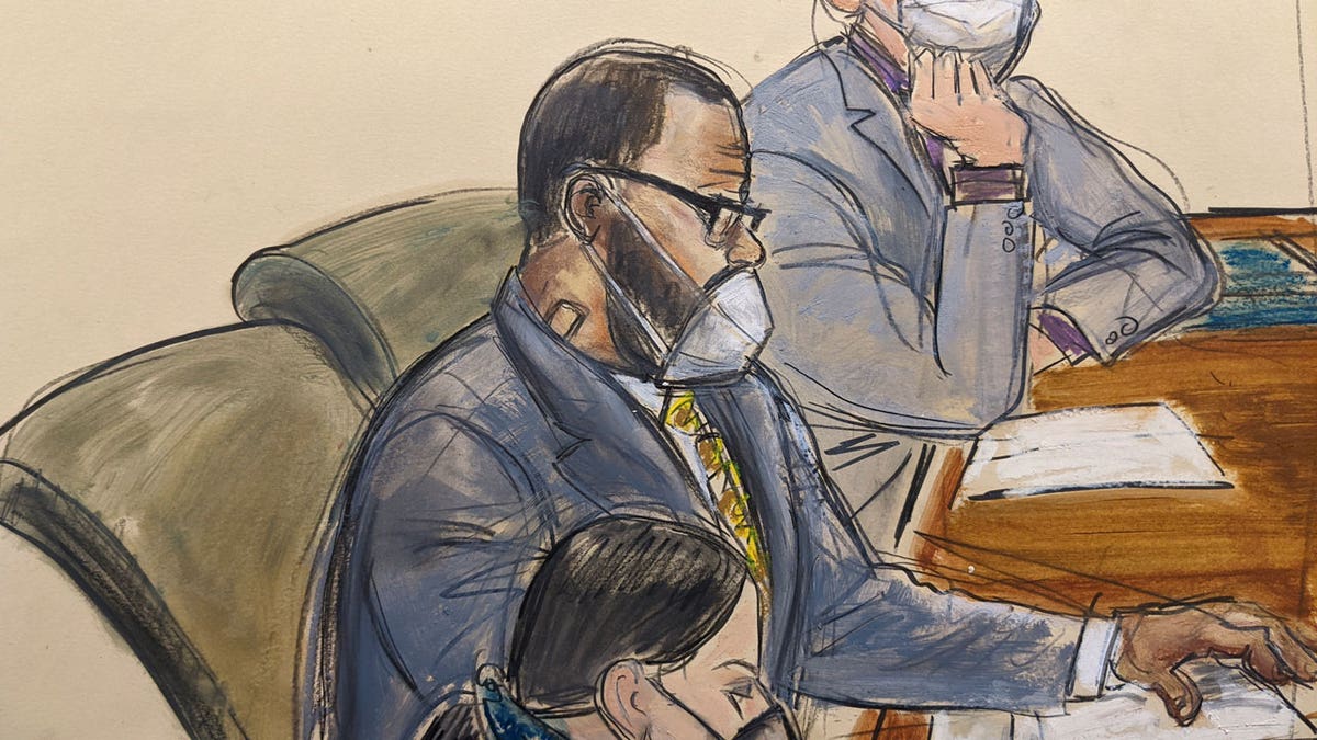 In this courtroom sketch, R. Kelly, center, sits with his defense attorneys Thomas Farinella, top, and Nicole Blank Becker during the first day of his defense in his sex trafficking case, Monday, Sept. 20, 2021, in New York.