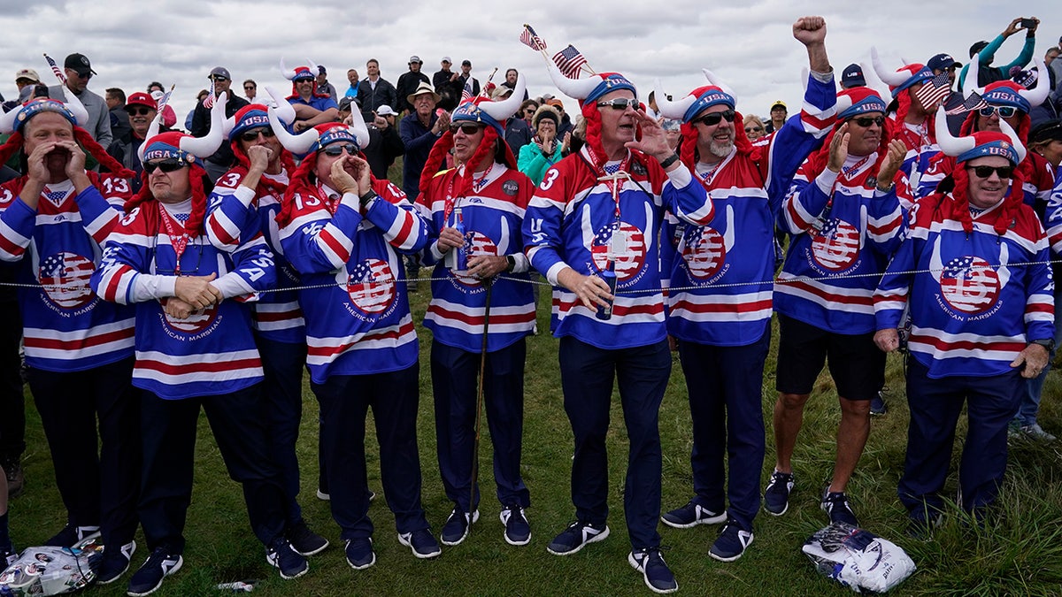 Fans cheer on the 11th hole during a practice day at the Ryder Cup at the Whistling Straits Golf Course Wednesday, Sept. 22, 2021, in Sheboygan, Wis. 