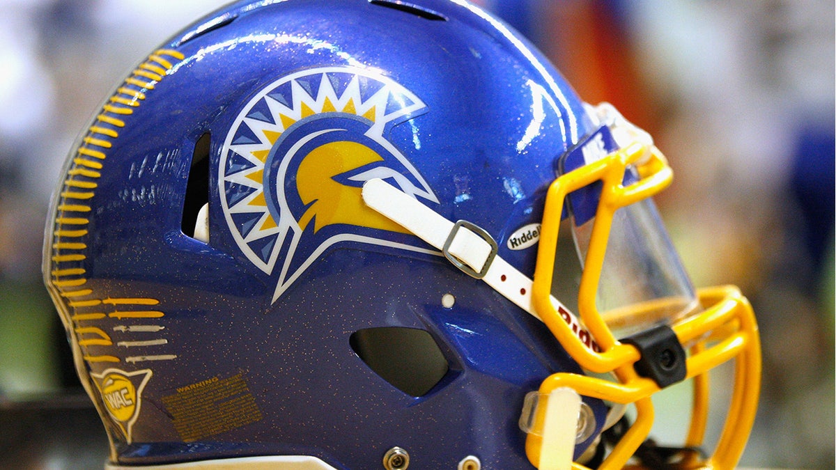 A San Jose State Spartans helmet on the sidelines during the game between the San Jose State Spartans and the Idaho Vandals at the Kibbie Dome on November 3, 2012 in Moscow, Idaho.