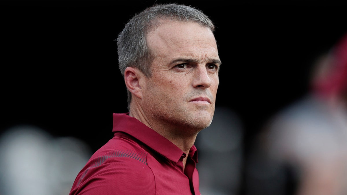 South Carolina coach Shane Beamer watches team prepare for an NCAA college football game against Georgia on Saturday, Sept. 18, 2021, in Athens, Ga. (Joshua Boucher/The State via AP)