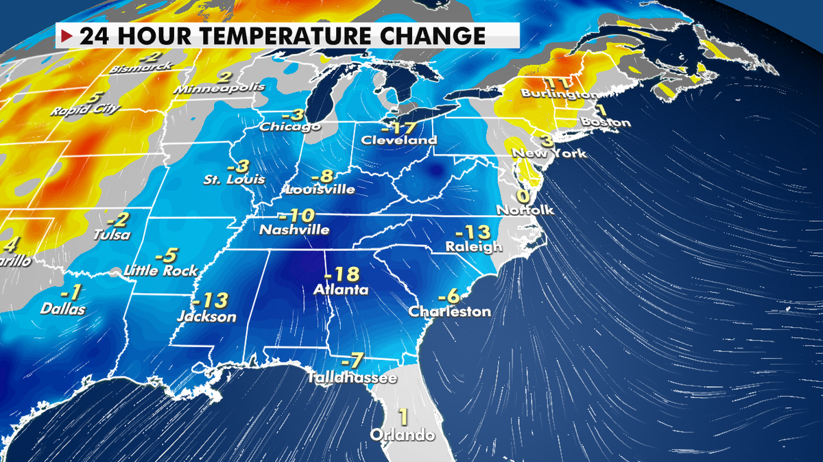 24-hour temperature change for the eastern U.S.