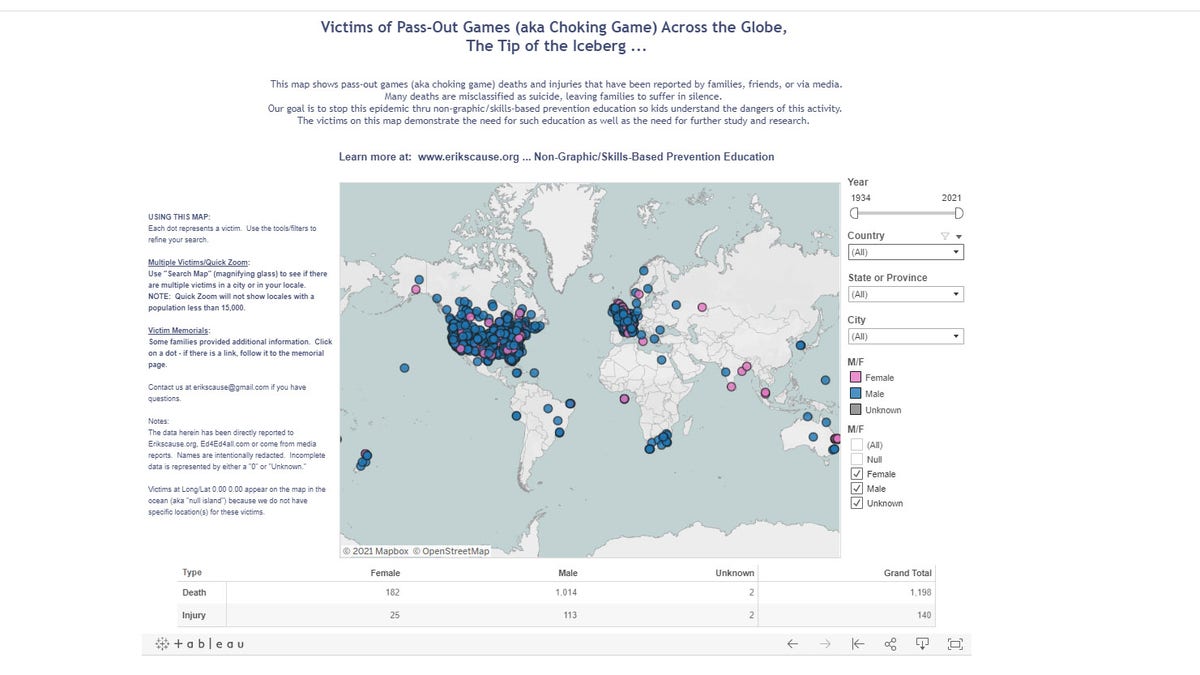 A screengrab of the global Interactive Victim Map on the Erik's Cause website.