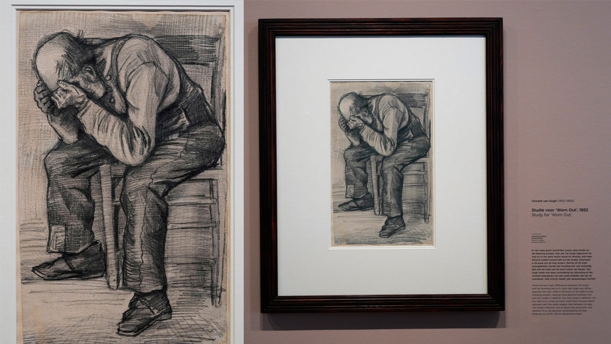 Detail of Study for "Worn Out", a drawing by Dutch master Vincent van Gogh, dated Nov. 1882, on public display for the first time at the Van Gogh Museum in Amsterdam, Netherlands, Thursday, Sept. 16, 2021.