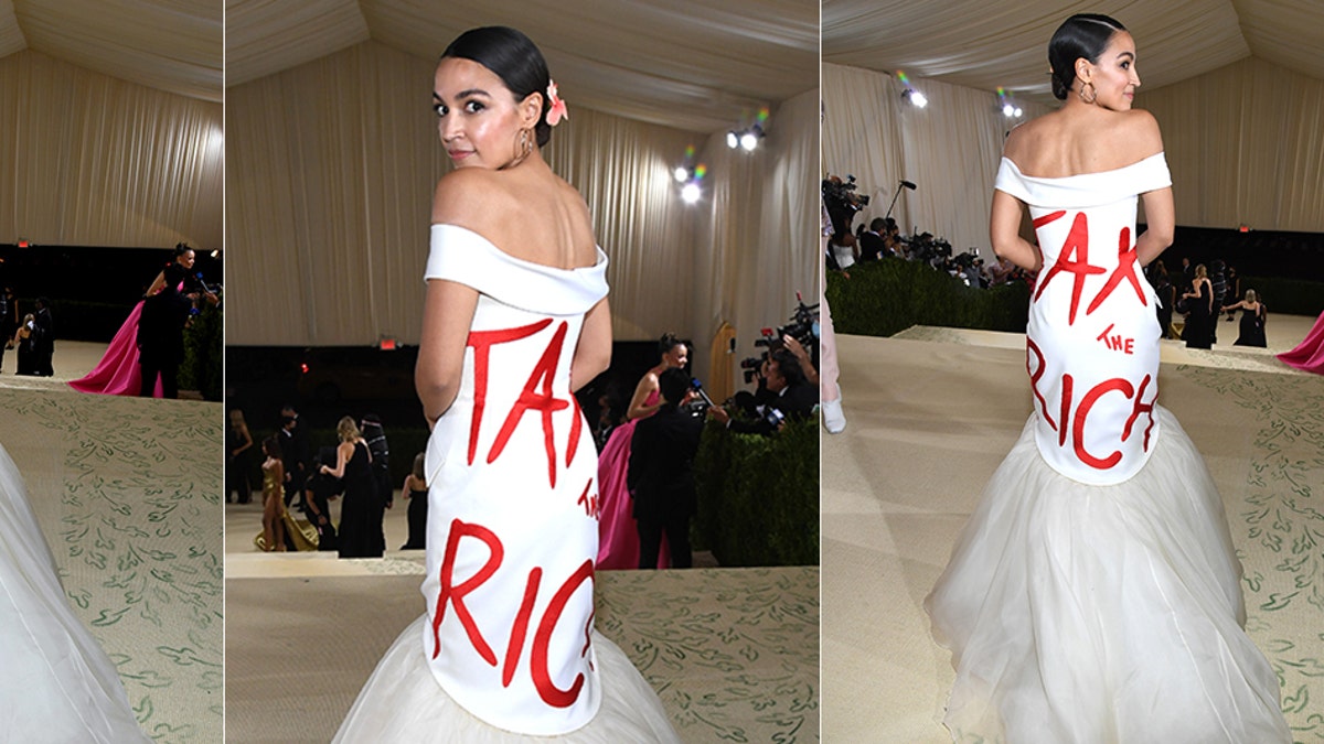 Alexandria Ocasio-Cortez in her "Tax the rich" dress
