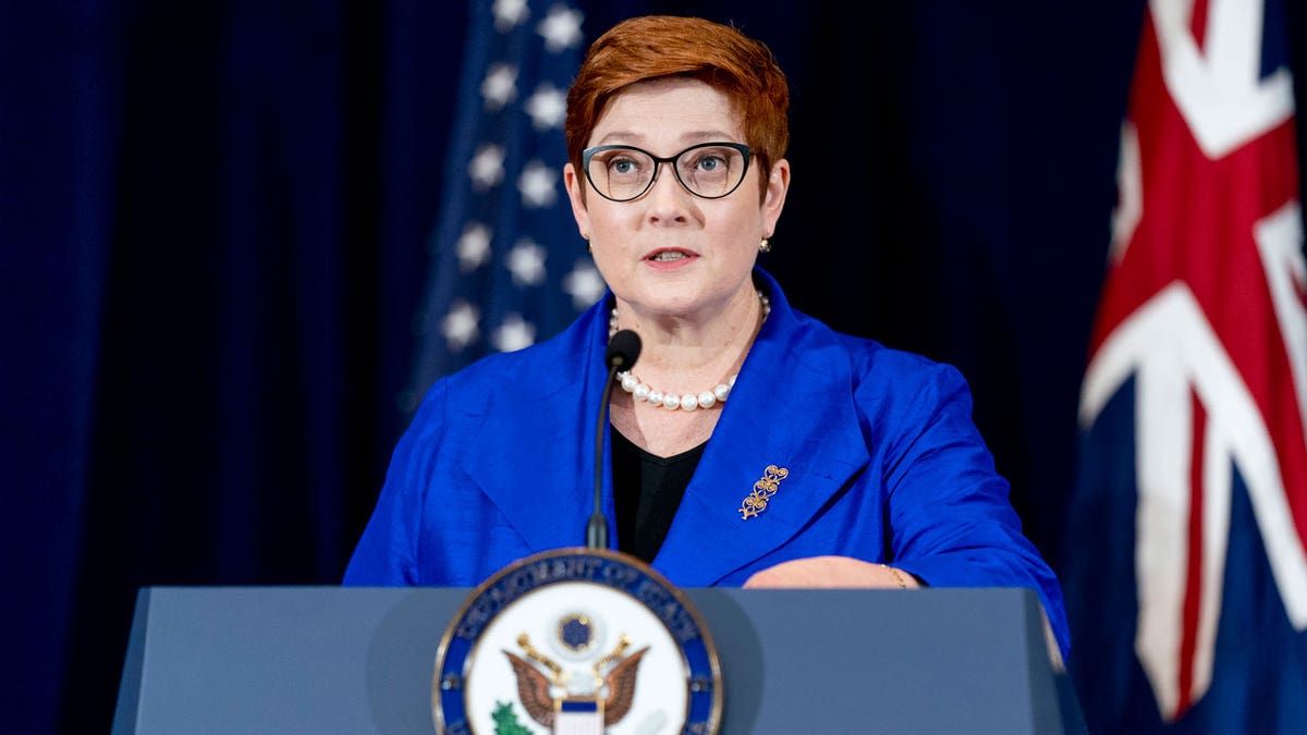 Australian Foreign Minister Marise Payne speaks during a news conference with Australian Minister of Defense Peter Dutton, Secretary of State Antony Blinken, and Defense Secretary Lloyd Austin at the State Department in Washington. Australia said on Saturday, Sept. 18, it regretted France’s decision to recall its ambassador over the surprise cancellation of a submarine contract. (AP Photo/Andrew Harnik, File)