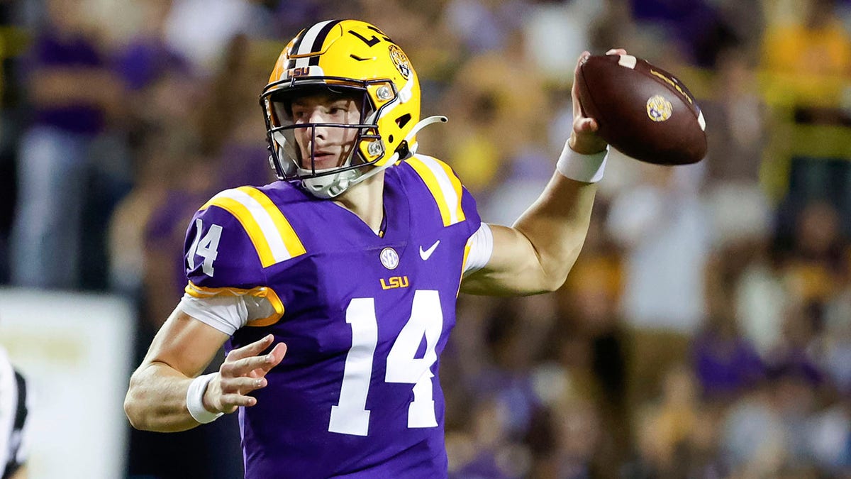 LSU quarterback Max Johnson throws a pass against Central Michigan during the second quarter of an NCAA college football game in Baton Rouge, La,. Saturday, Sept. 18, 2021.