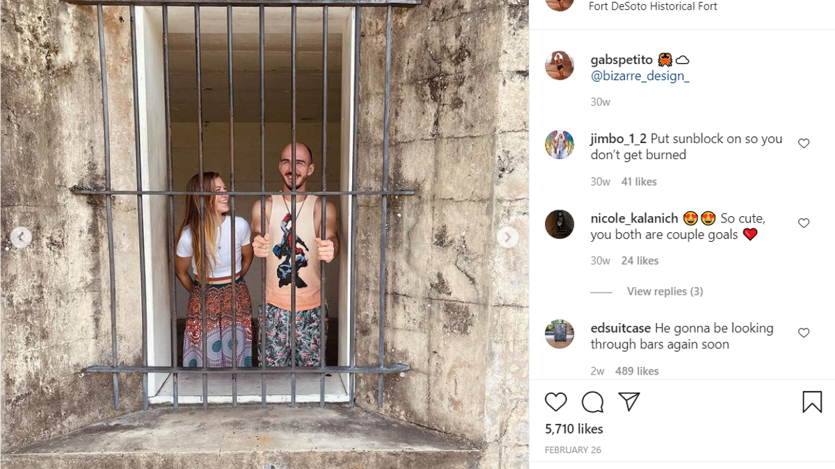 Gabby Petito, left, and Brian Laundrie in a photo posted earlier this year purportedly showing them at Fort De Soto Park in Florida.