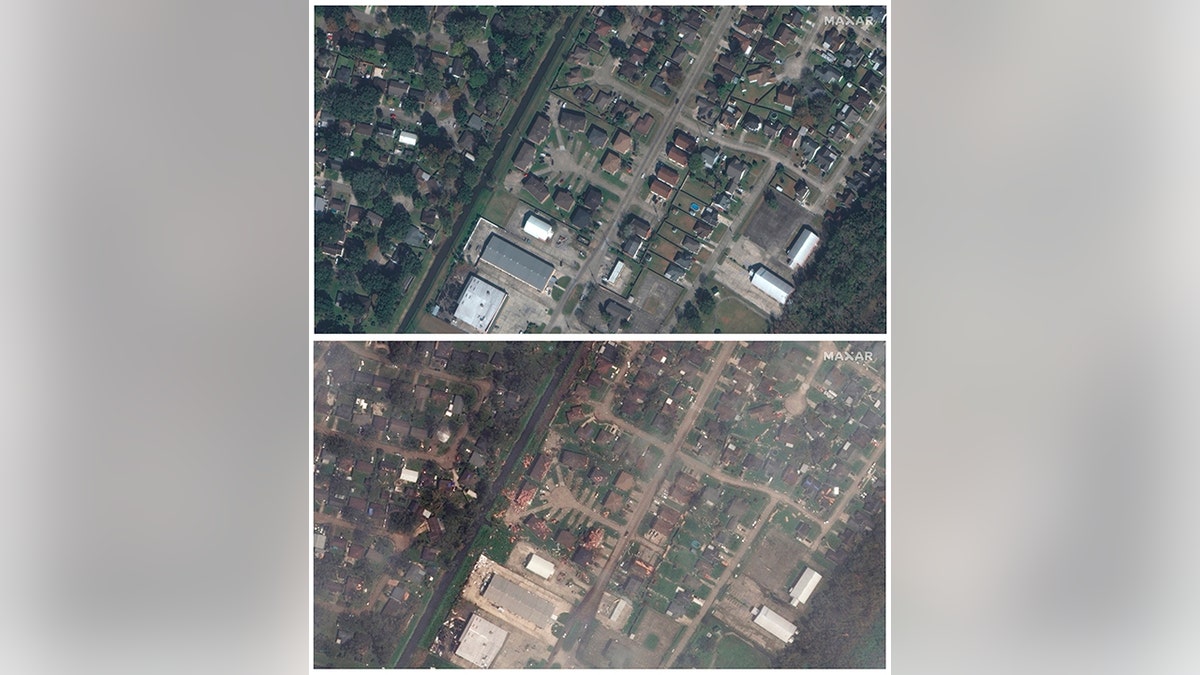 This combination of satellite images provided by Maxar Technologies shows buildings and homes in LaPlace, La., on Dec. 9, 2020, top, before they were damaged by Hurricane Ida and on Tuesday, Aug. 31, 2021, bottom, following the storm.  