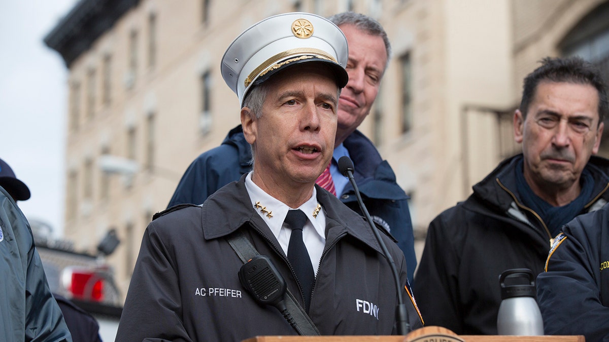 New York City Fire Department Chief of Counterterrorism and Emergency Preparedness Joseph Pfeifer speaks at a press conference following an active shooter drill on Kenmare St. on November 22, 2015 in New York City