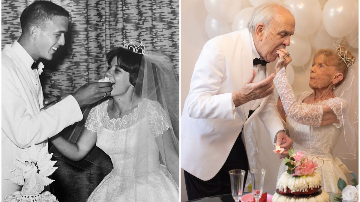 During their 59th anniversary photoshoot, Karen wore her original wedding dress and Gary wore a suit that looked like the one he wore in 1962.