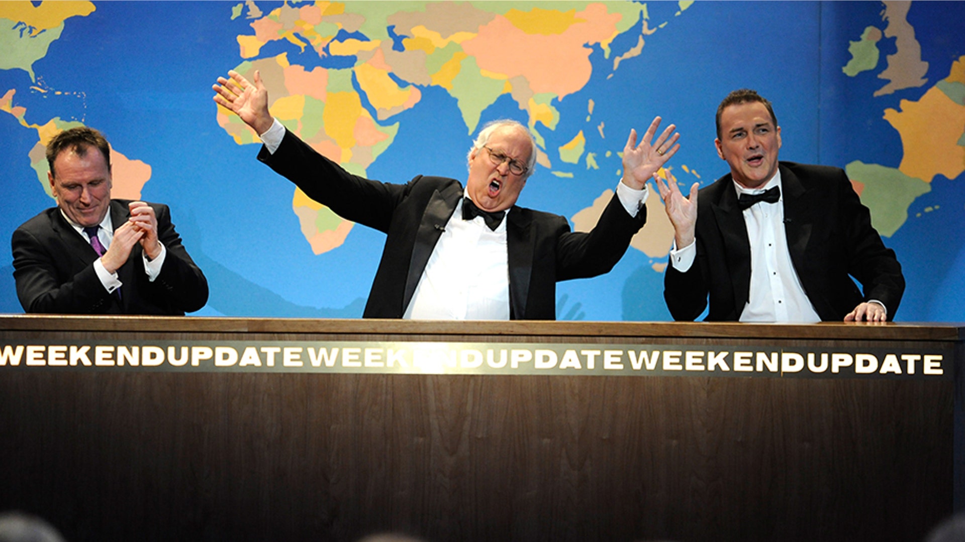 NEW YORK, NY - APRIL 28:  Colin Quinn, Chevy Chase and Norm MacDonald speak on stage at The Comedy Awards 2012 at Hammerstein Ballroom on April 28, 2012 in New York City.  