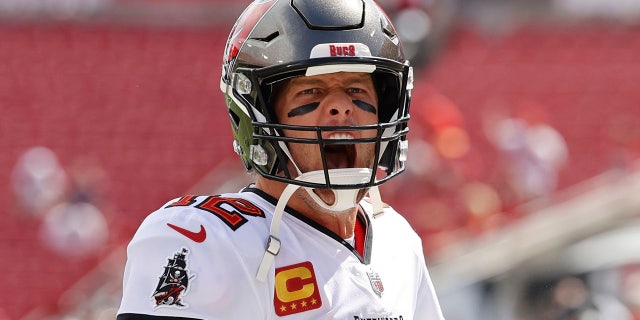 Tampa Bay Buccaneers quarterback Tom Brady (12) gets pumped up prior to the game against the Atlanta Falcons at Raymond James Stadium Sept. 19, 2021.