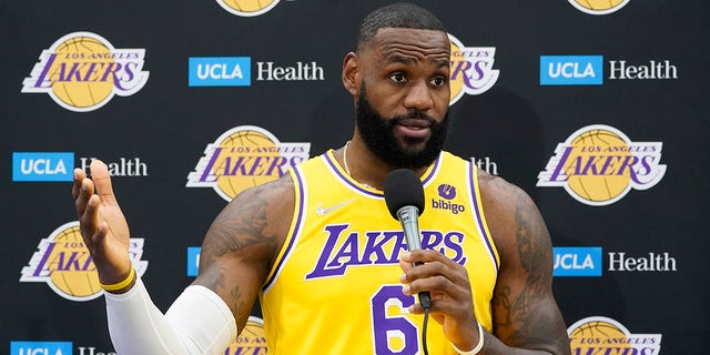 Los Angeles Lakers send LeBron James questions during the NBA Basketball Team's Media Day Tuesday, September 28, 2021, in El Segundo, California.