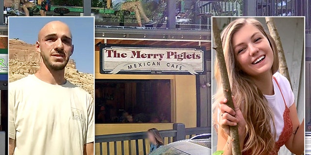 Photo illustration by Brian Laundrie and Gabby Petito in front of The Merry Piglets Mexican Cafe, (Google, Moab Police, Instagram)