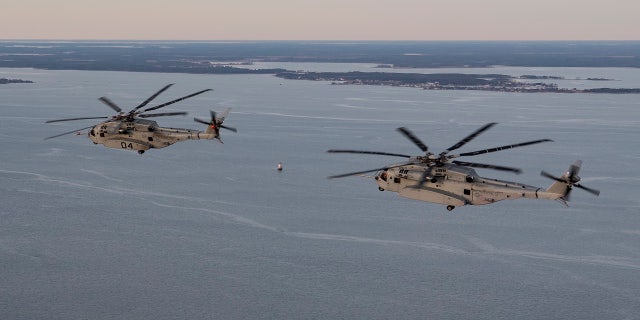 CH-53K, K4 Flt 205 and K5 Flt 42, fly in formation from NAS Patuxent River, MD on January 9, 2020.