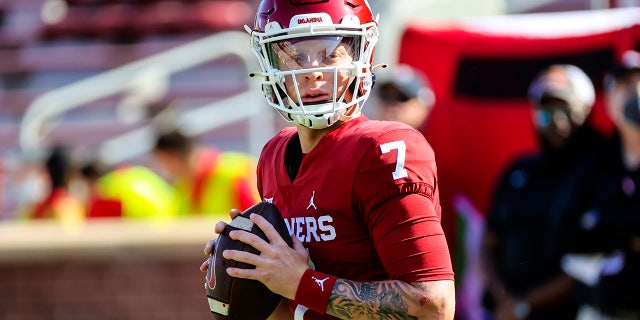 Sep 18, 2021; Norman, Oklahoma, USA; Oklahoma Sooners quarterback Spencer Rattler (7) throws before the game against the Nebraska Cornhuskers at Gaylord Family-Oklahoma Memorial Stadium.