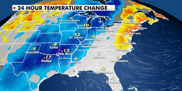 A 24-hour temperature change for the eastern U.S.