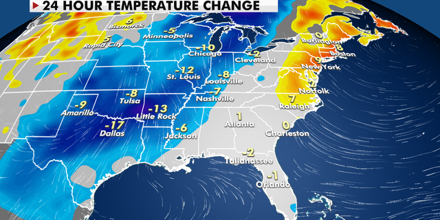 A 24-hour temperature change for the eastern U.S.
