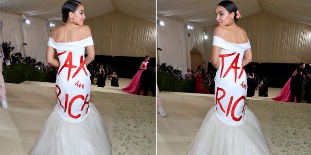 Rep. Alexandria Ocasio-Cortez wore a dress that looked like "take taxes from the rich" It's a popular sentiment among left-wingers at the 2021 Met Gala. 